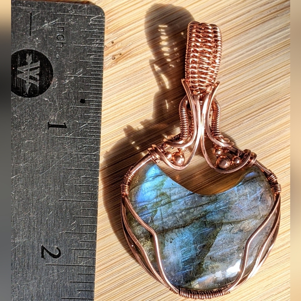 Ethereal Moon Pendant-Artisan-Blue Labradorite Gemstone-Copper Wire Wrap - Picture 11 of 17